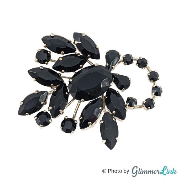 Vintage RARE Western Germany Black Rhinestones Floral Spray Silver Tone Mid Cent - Picture 1 of 10